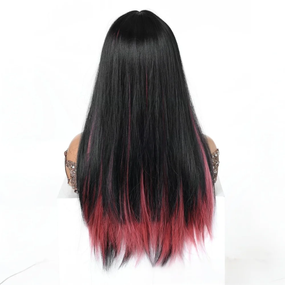 Easihair Black with Red Pink Highlight Long Straight Wig With Bangs Heat Resistant Synthetic Hair Gothic Halloween Cosplay Wigs