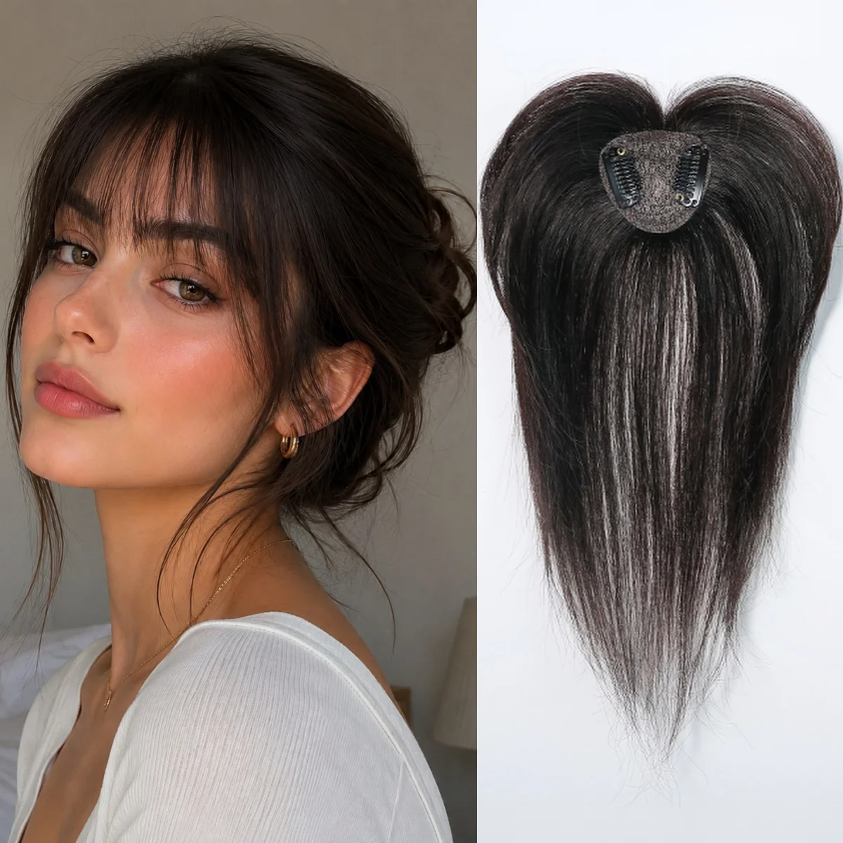 10 Inch Natural Black 100% Human Hair Topper with Bangs Straight Clip in Hairpiece for Women Thinning Hair Toppers