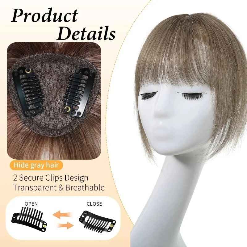 10 Inch Natural Black 100% Human Hair Topper with Bangs Straight Clip in Hairpiece for Women Thinning Hair Toppers