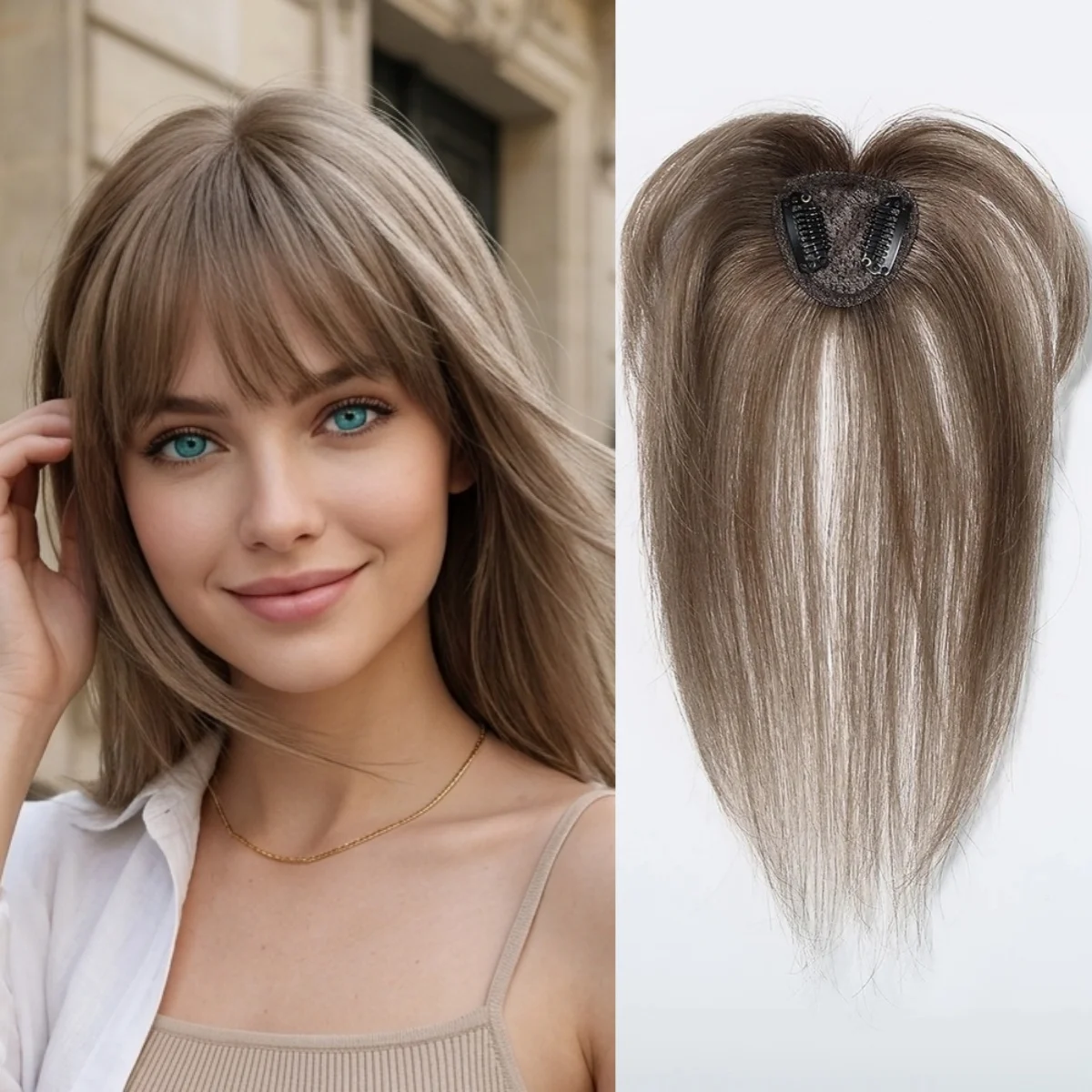 10 Inch Natural Black 100% Human Hair Topper with Bangs Straight Clip in Hairpiece for Women Thinning Hair Toppers