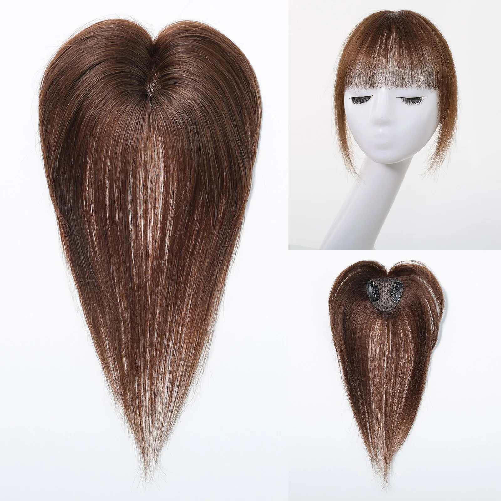 10 Inch Natural Black 100% Human Hair Topper with Bangs Straight Clip in Hairpiece for Women Thinning Hair Toppers