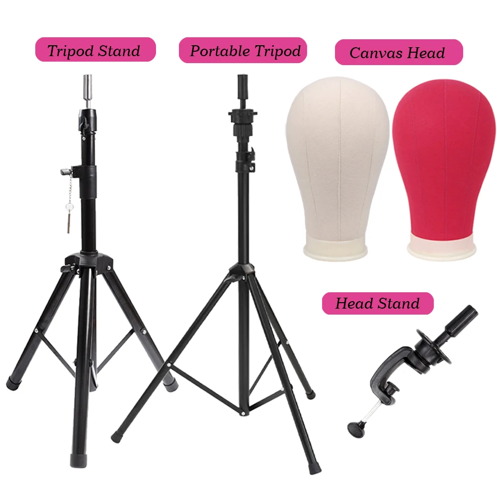 Nunify Mannequin Head Wig Stand Rose Pink 22"Canvas Head 21-25" Wig Head Stand Adjustable Tripod Stand Wigs Making Display Tools