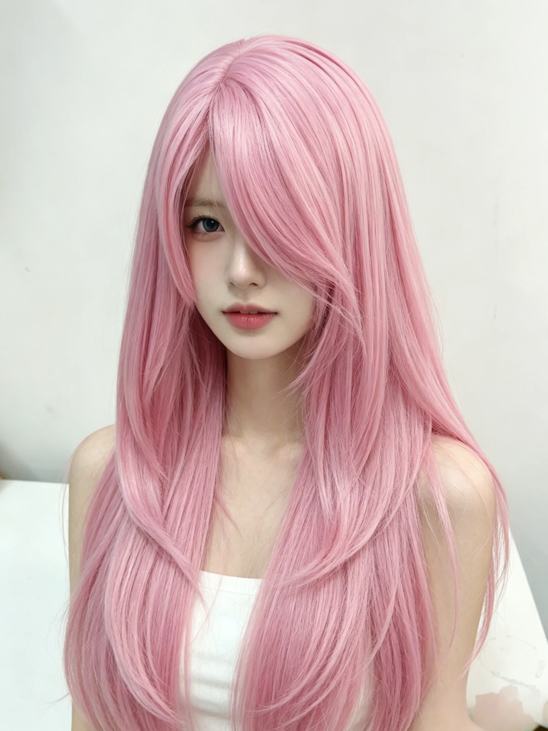 Ashely Wig Pink Wig Lolita 20inch Layered Cut Straight Hair Wigs for Women Curtain Bangs Heat-resistant Synthetic Cosplay Daily