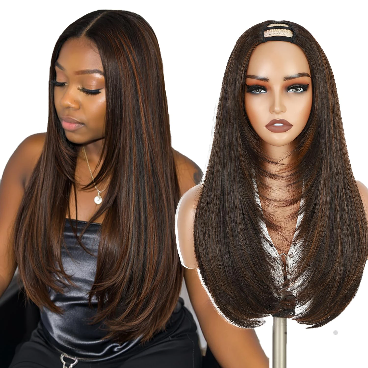 Highlight Brown U Part Wigs for Black Women Straight V Part Wig Half Wig | 24 Inch Yaki Straight Synthetic Wig Glueless