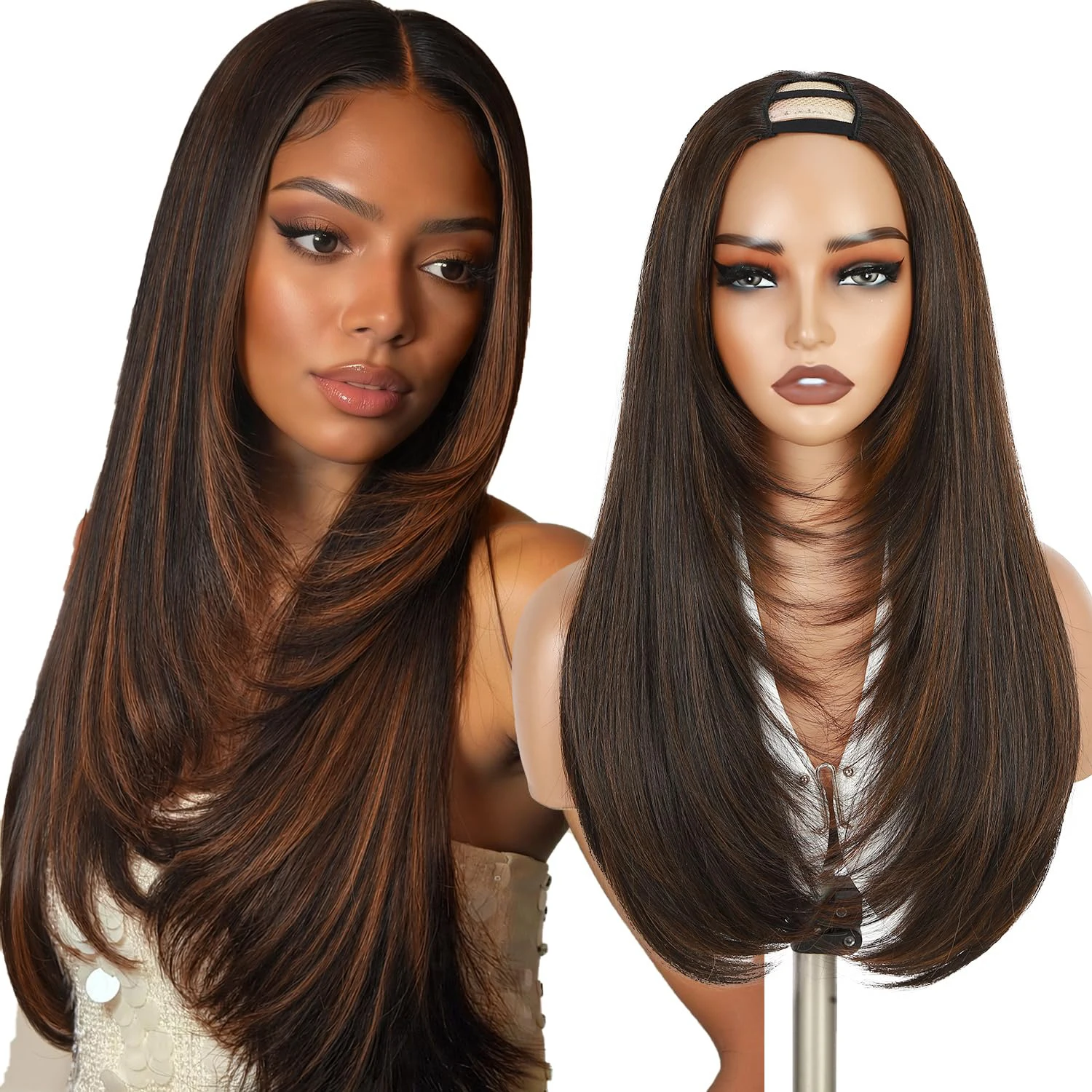 Highlight Brown U Part Wigs for Black Women Straight V Part Wig Half Wig | 24 Inch Yaki Straight Synthetic Wig Glueless