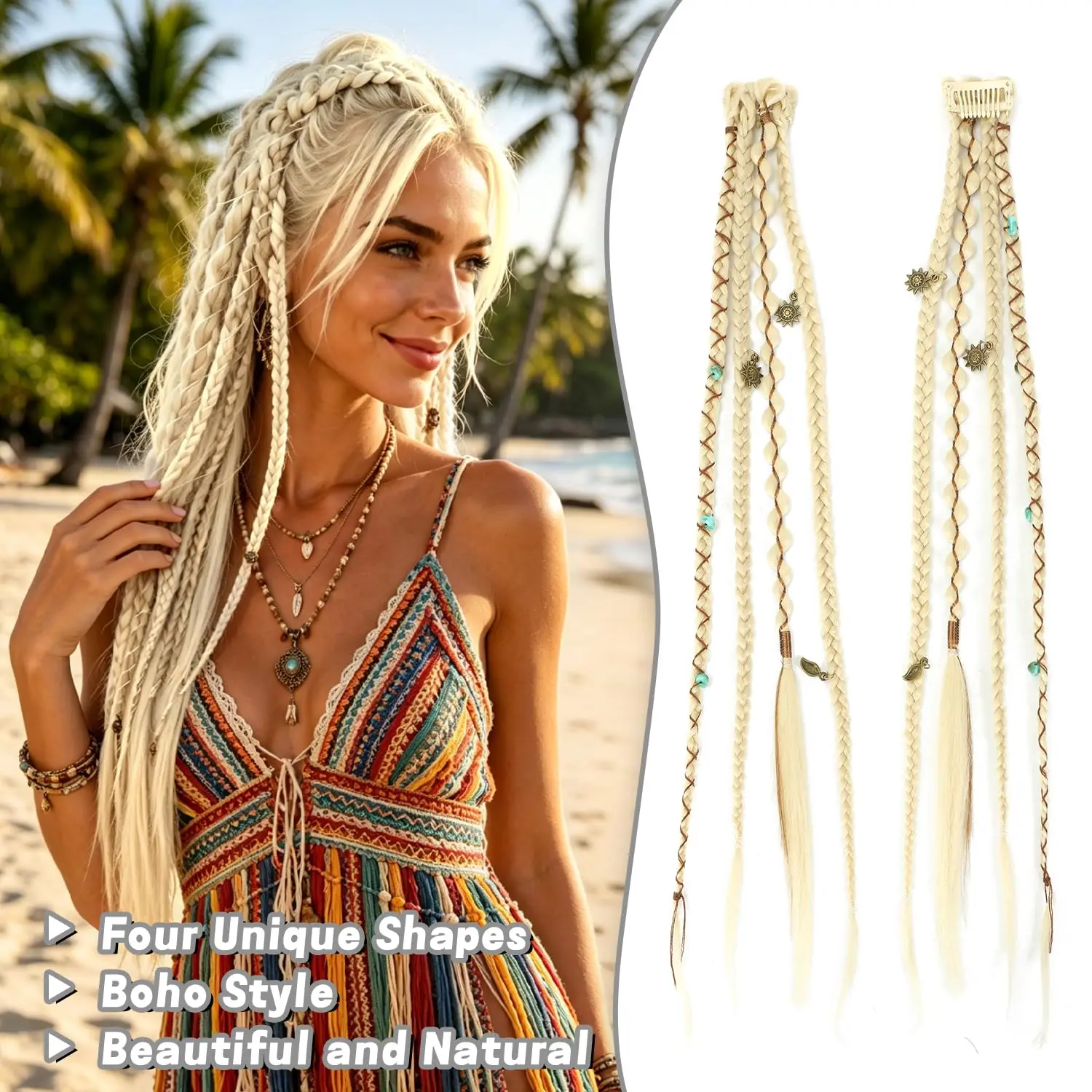 Clip in Braid Hair Extensions for Women, 20" Boho Dreadlock Clip in Braids with Beads & Charms, 2PCS Synthetic Braided Hairpiece