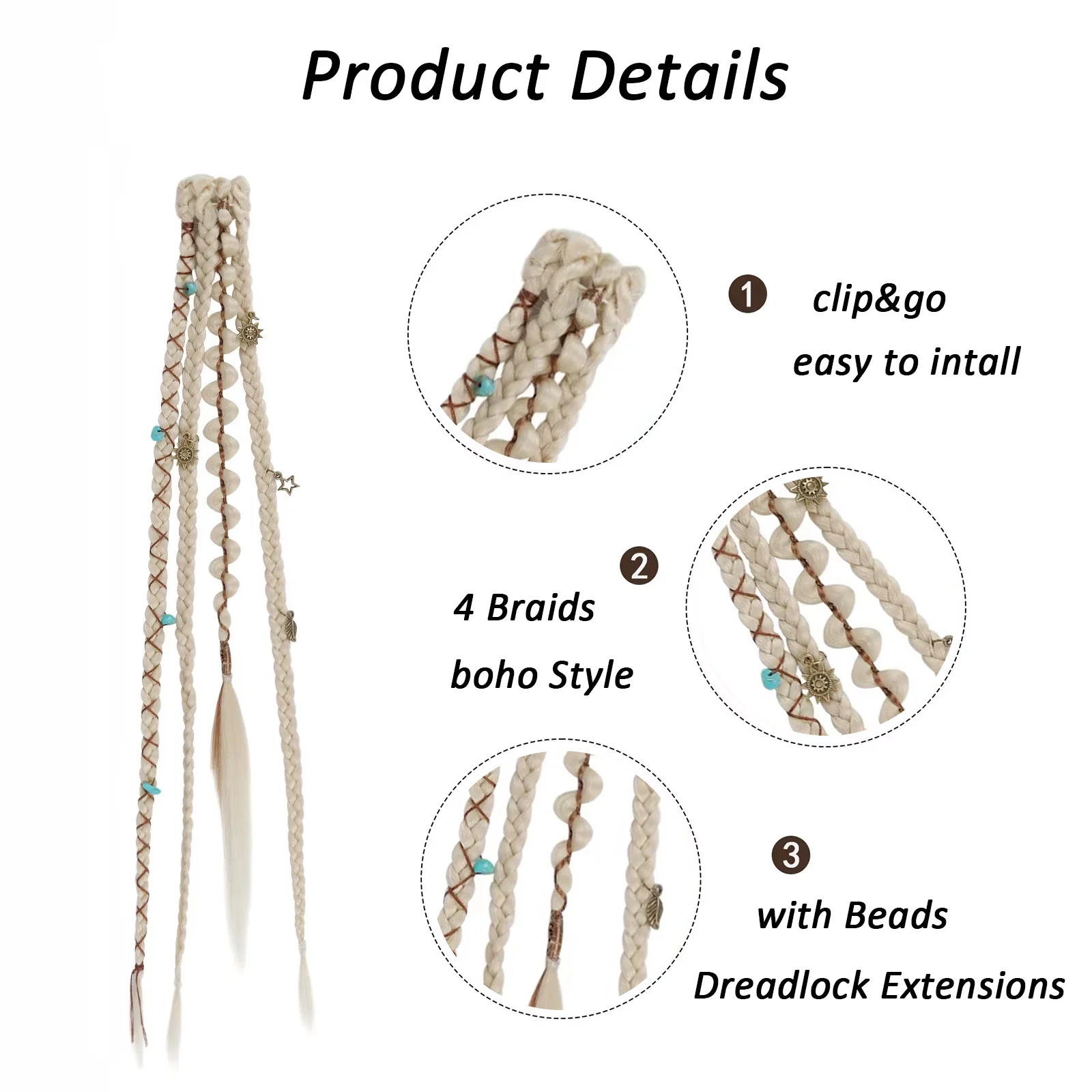 Clip in Braid Hair Extensions for Women, 20" Boho Dreadlock Clip in Braids with Beads & Charms, 2PCS Synthetic Braided Hairpiece