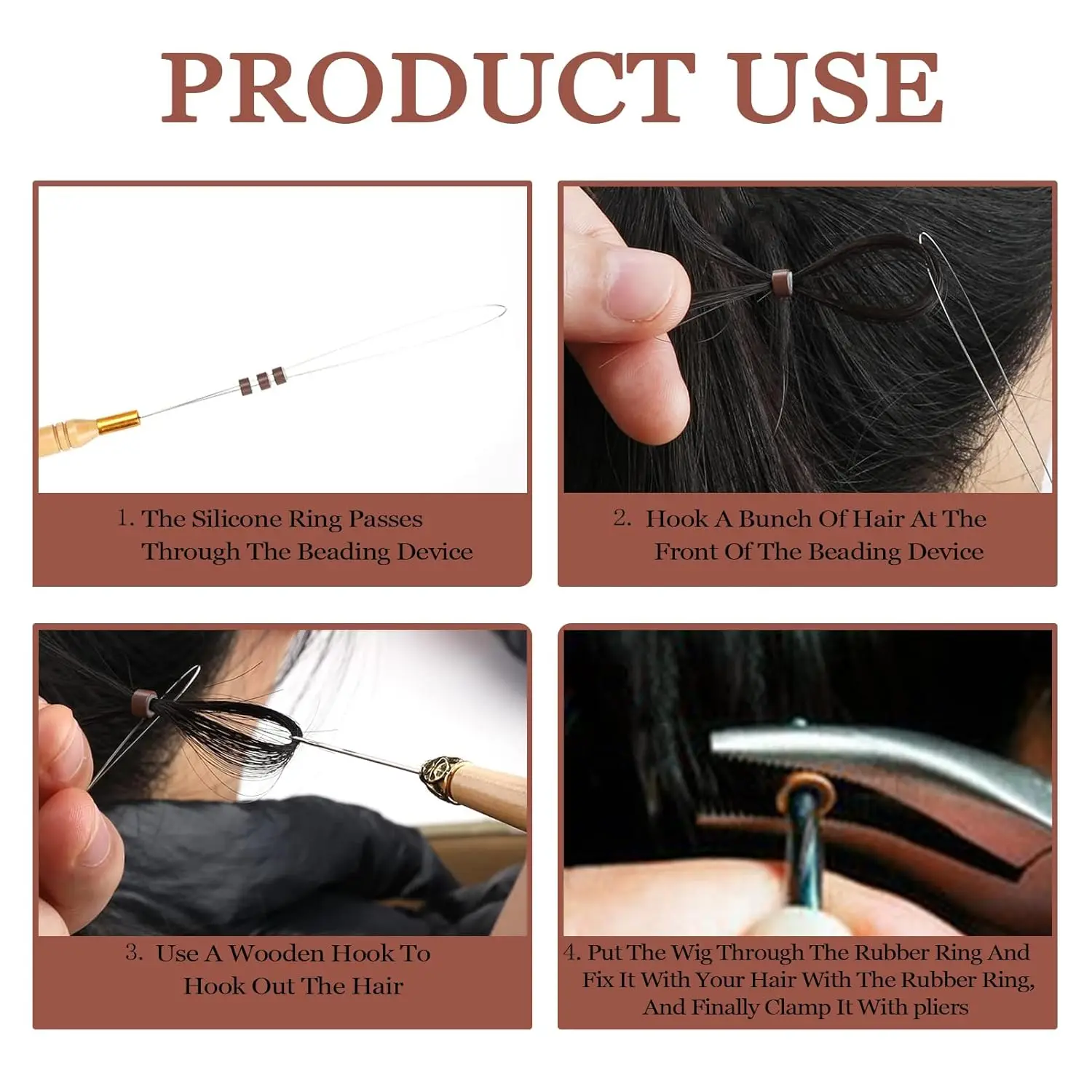 Hair Tinsel Beads Kit with Plier Hook Needle Tool 100 Silicone Micro Beads Loop Needle Threader Pulling Hook Bead Device
