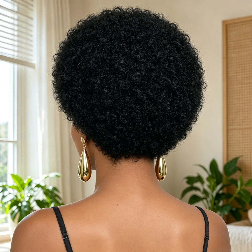Fluffy Afro Kinky Curly Headband Human Hair Wig, Full Machine Made Soft Voluminous Curly Wig, Easy Install Daily Fashion Headban