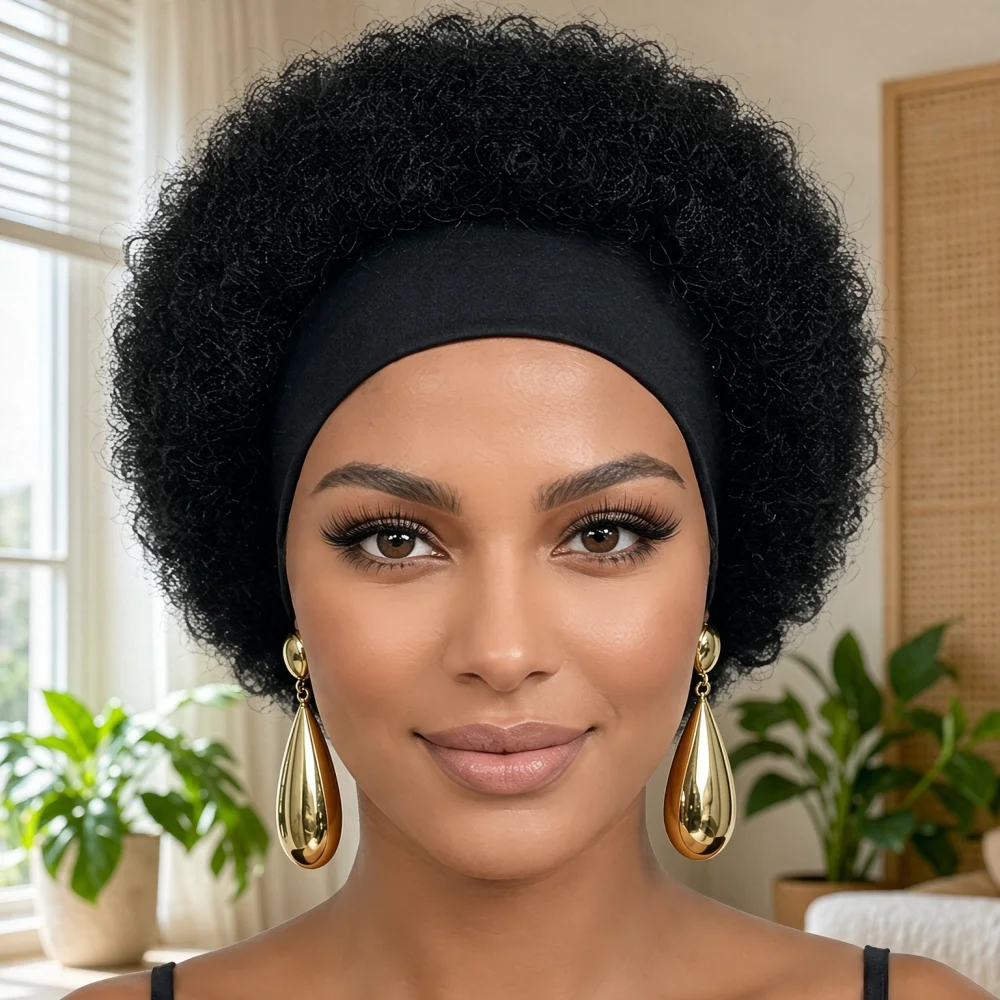 Fluffy Afro Kinky Curly Headband Human Hair Wig, Full Machine Made Soft Voluminous Curly Wig, Easy Install Daily Fashion Headban