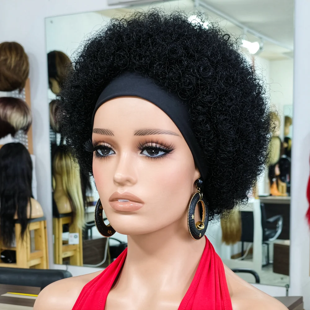 Fluffy Afro Kinky Curly Headband Human Hair Wig, Full Machine Made Soft Voluminous Curly Wig, Easy Install Daily Fashion Headban