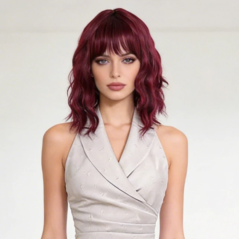 Short Burgundy Water Wave Synthetic Wig, Fluffy Curly Bob Wig with Bangs for Women, Heat Resistant Fiber Hair Extension