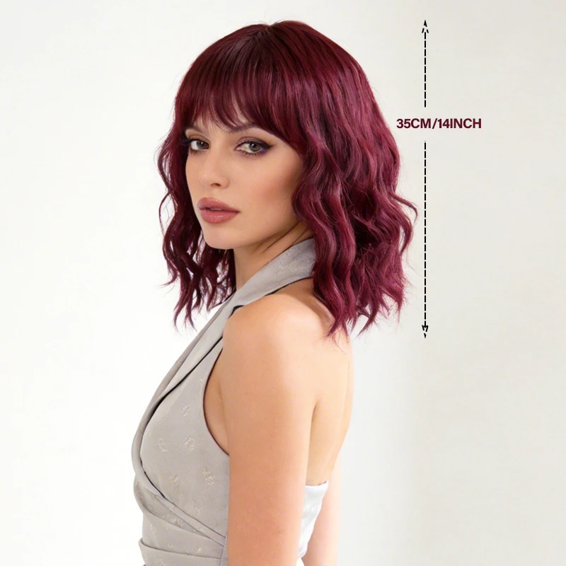 Short Burgundy Water Wave Synthetic Wig, Fluffy Curly Bob Wig with Bangs for Women, Heat Resistant Fiber Hair Extension