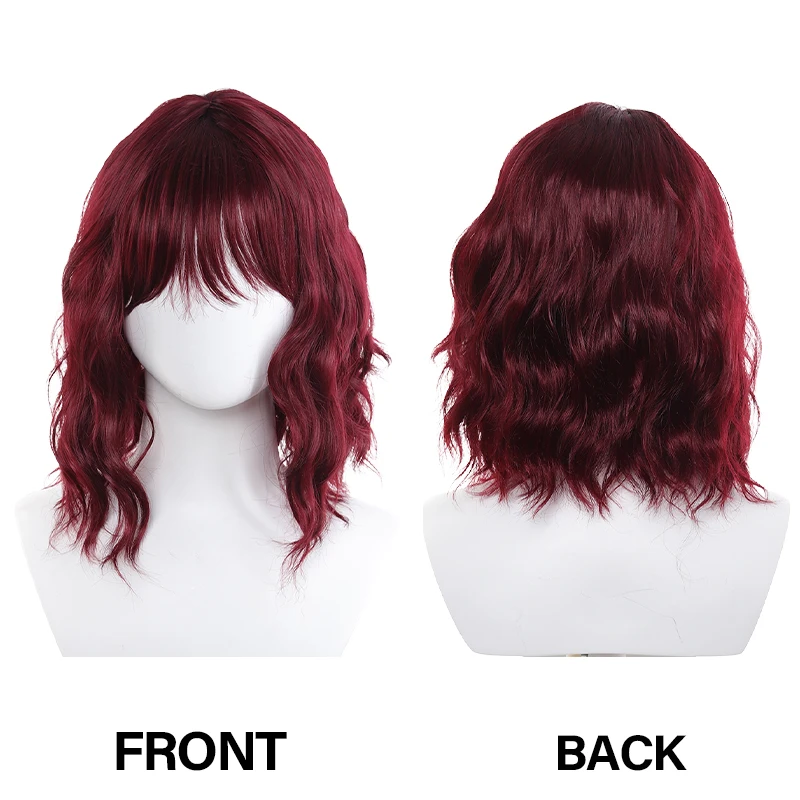 Short Burgundy Water Wave Synthetic Wig, Fluffy Curly Bob Wig with Bangs for Women, Heat Resistant Fiber Hair Extension