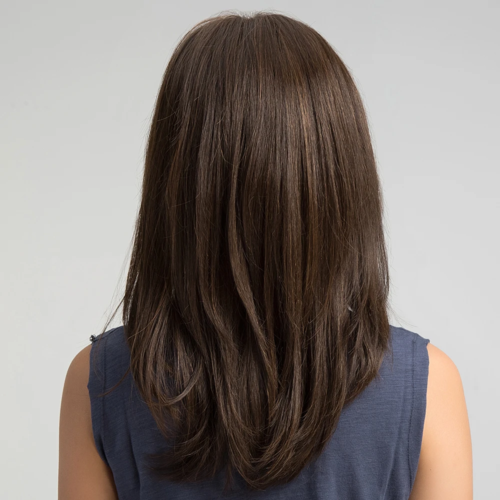 Synthetic Dark Brown Wig Straight Layered Wigs for Women Shoulder Length Hair Wig With Bangs Heat Resistant Party Daily Use