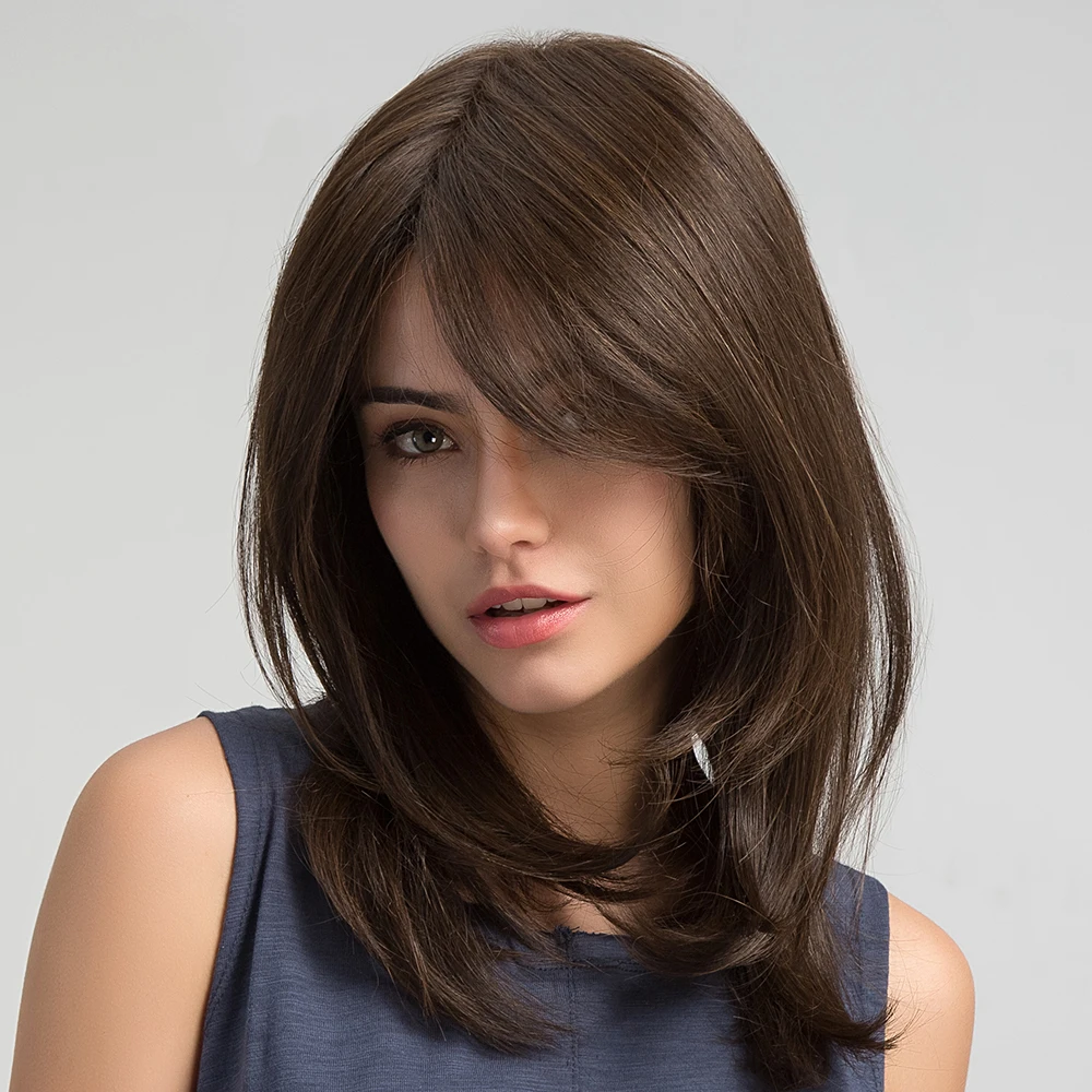 Synthetic Dark Brown Wig Straight Layered Wigs for Women Shoulder Length Hair Wig With Bangs Heat Resistant Party Daily Use