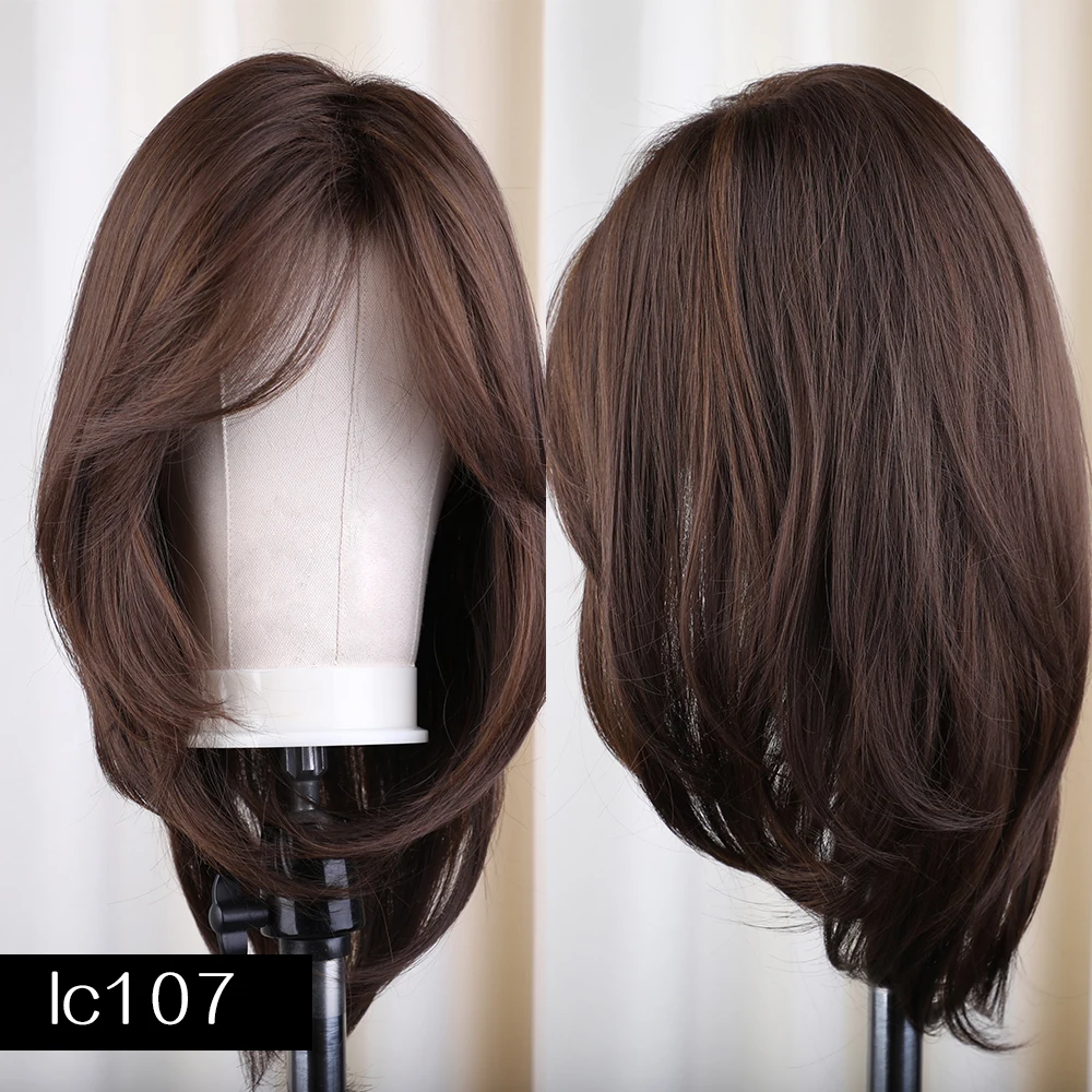 Synthetic Dark Brown Wig Straight Layered Wigs for Women Shoulder Length Hair Wig With Bangs Heat Resistant Party Daily Use