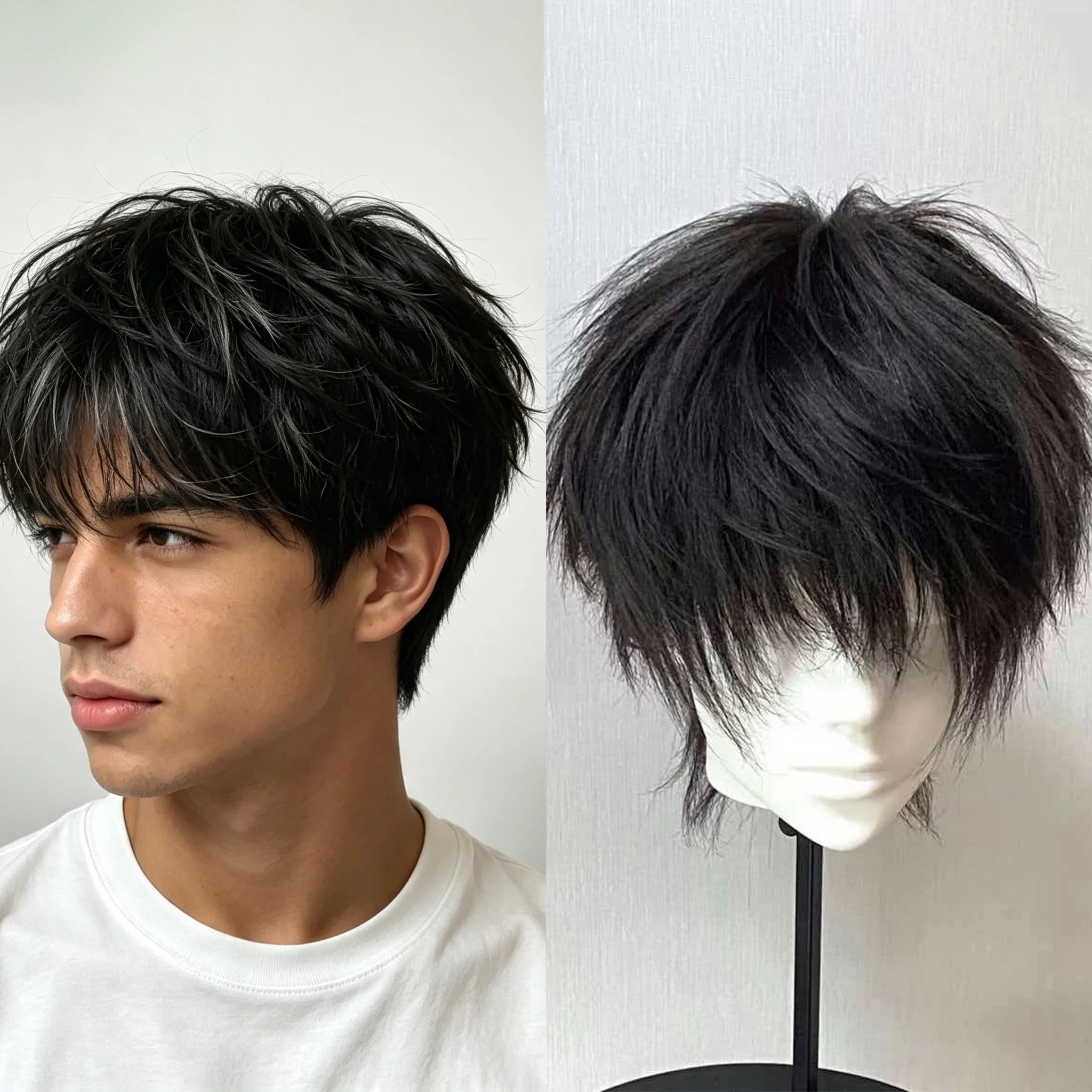 Black Messy Layered Short Synthetic Wig Men Universal Anime Cosplay Wig Heat Resistant Fiber for Halloween Daily Use