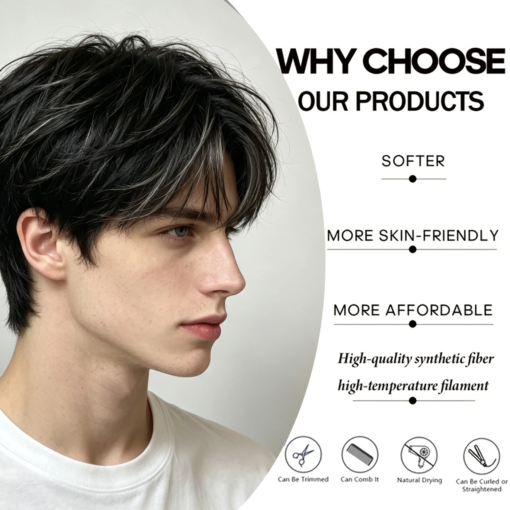 Black Messy Layered Short Synthetic Wig Men Universal Anime Cosplay Wig Heat Resistant Fiber for Halloween Daily Use