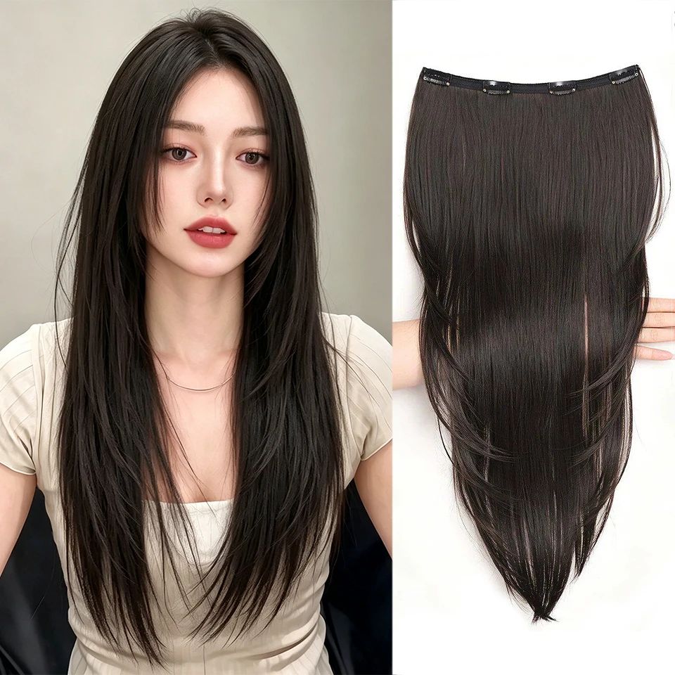 Synthetic one-piece female high-level internal buckle hair piece lightweight invisible four clip straight hair wig piece 