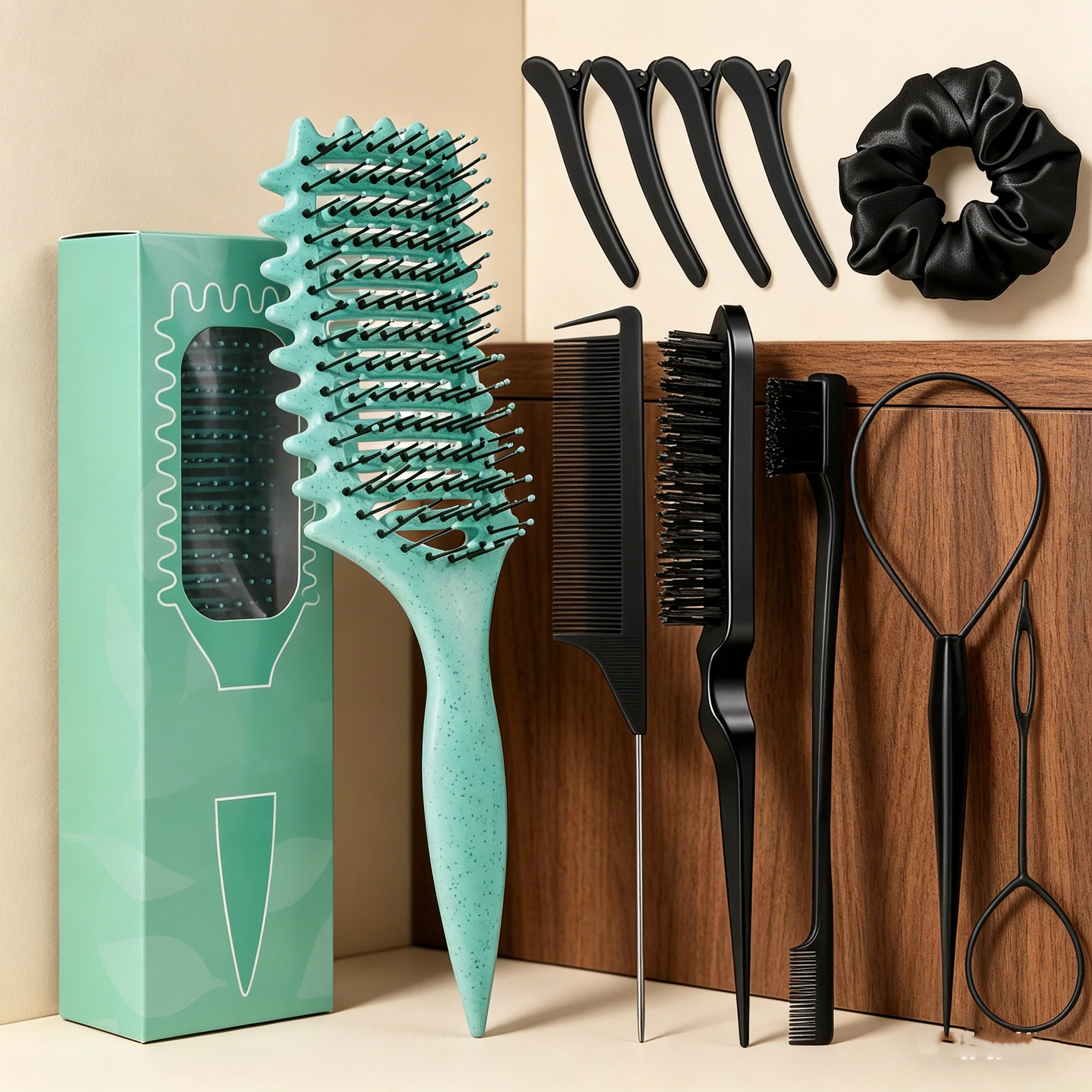 11 Piece Comb Set with Hair Brush, Comb, Edge Control Brush, 4 Duckbill Hair Clips, and Headband, Special for Real Hair Wigs