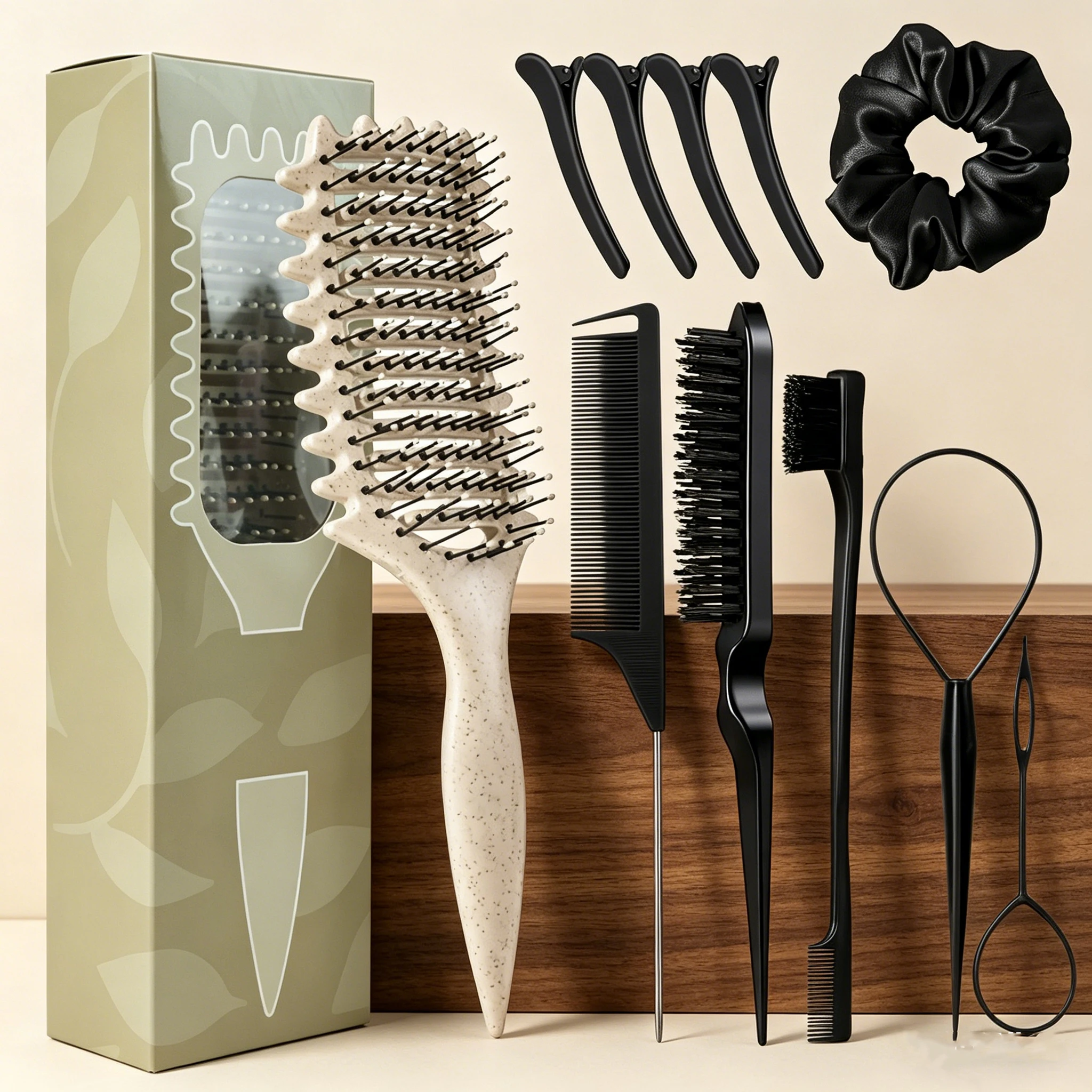11 Piece Comb Set with Hair Brush, Comb, Edge Control Brush, 4 Duckbill Hair Clips, and Headband, Special for Real Hair Wigs