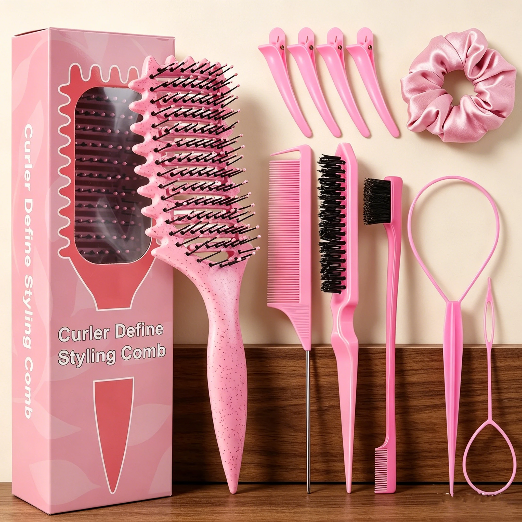 11 Piece Comb Set with Hair Brush, Comb, Edge Control Brush, 4 Duckbill Hair Clips, and Headband, Special for Real Hair Wigs