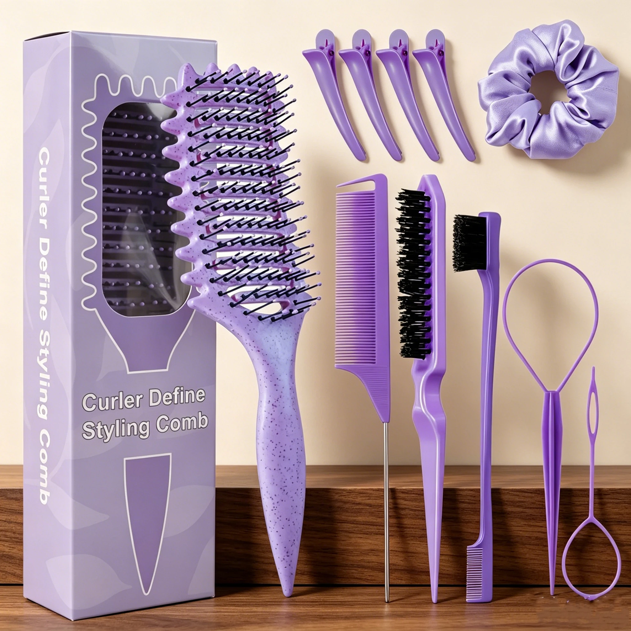 11 Piece Comb Set with Hair Brush, Comb, Edge Control Brush, 4 Duckbill Hair Clips, and Headband, Special for Real Hair Wigs