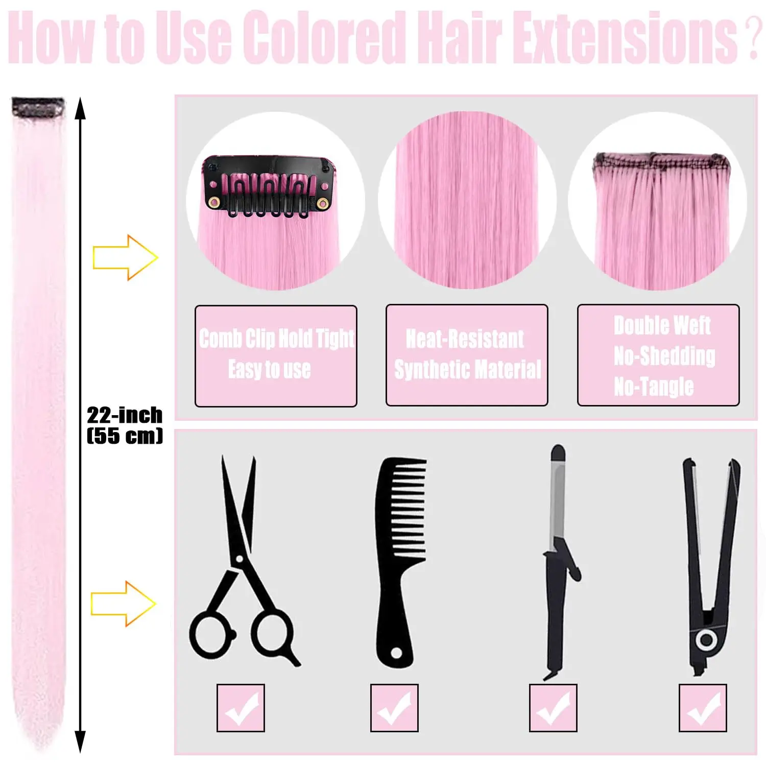12 PCS Synthetic Hairpiece Black Hair Extensions Clip in, Colored Party Highlights Extension for Girls Women Straight 22 inch