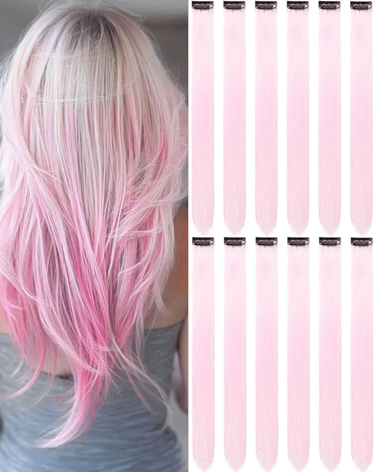 12 PCS Synthetic Hairpiece Black Hair Extensions Clip in, Colored Party Highlights Extension for Girls Women Straight 22 inch