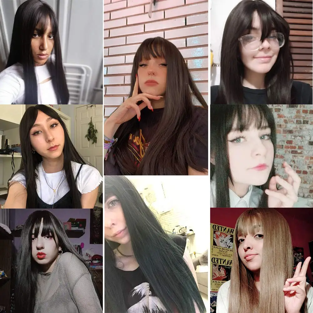 Long Black Straight Hair Wig with Bangs Synthetic High Density Long Hair Wig for Women