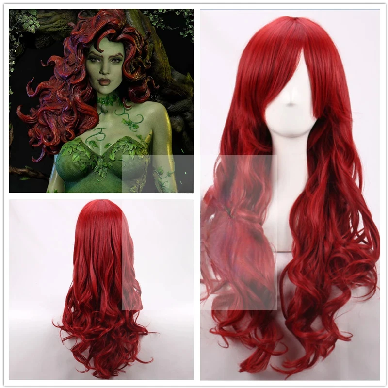 Anime Poison Ivy Cosplay Wigs 70cm Dark Red Long Wavy Heat Resistant Synthetic Hair Wigs Costume Party