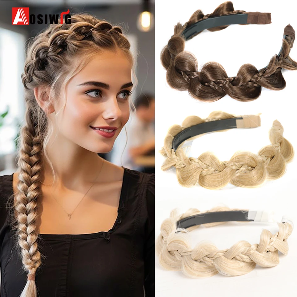 AOSI 1PC Synthetic Ladies Hair Wide Fishbone Braids Non-slip Headband Handmade Retro Headband Styling Headwear Accessories