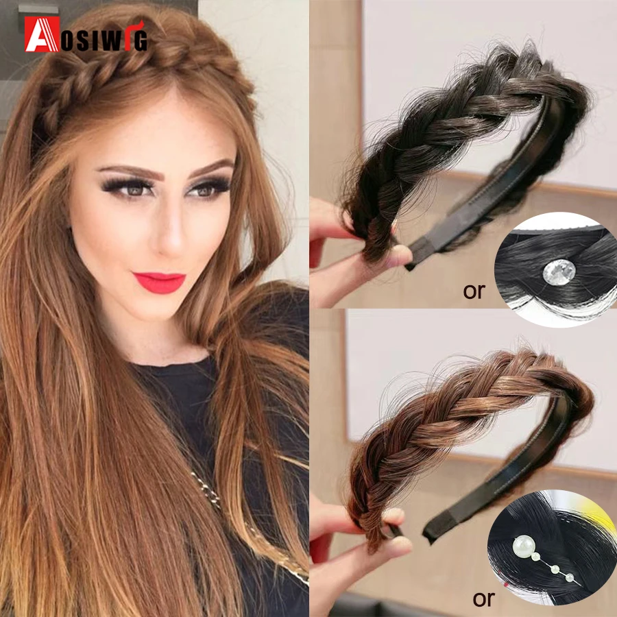 AOSI 1PC Synthetic Ladies Hair Wide Fishbone Braids Non-slip Headband Handmade Retro Headband Styling Headwear Accessories