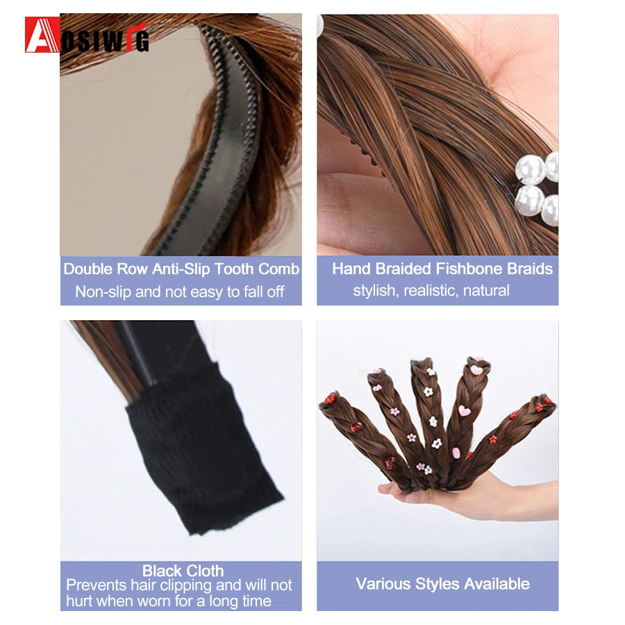 AOSI 1PC Synthetic Ladies Hair Wide Fishbone Braids Non-slip Headband Handmade Retro Headband Styling Headwear Accessories