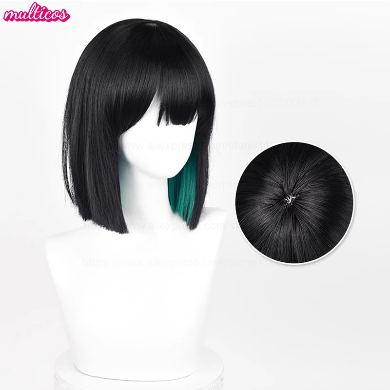 High Quality Anime Sua Cosplay Wig 30cm Black Green Mixed Bobo Heat Resistant Synthetic Hair Halloween Role Play Wigs + Wig Cap