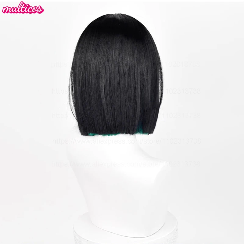 High Quality Anime Sua Cosplay Wig 30cm Black Green Mixed Bobo Heat Resistant Synthetic Hair Halloween Role Play Wigs + Wig Cap