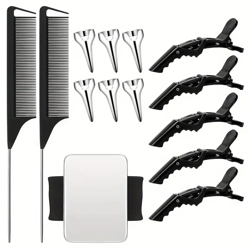 14pcs Hair Tool Set - Sectioning Rings, Metal Combs, Clips and Magnetic Wrist Pin Holder for Braiding (Black)
