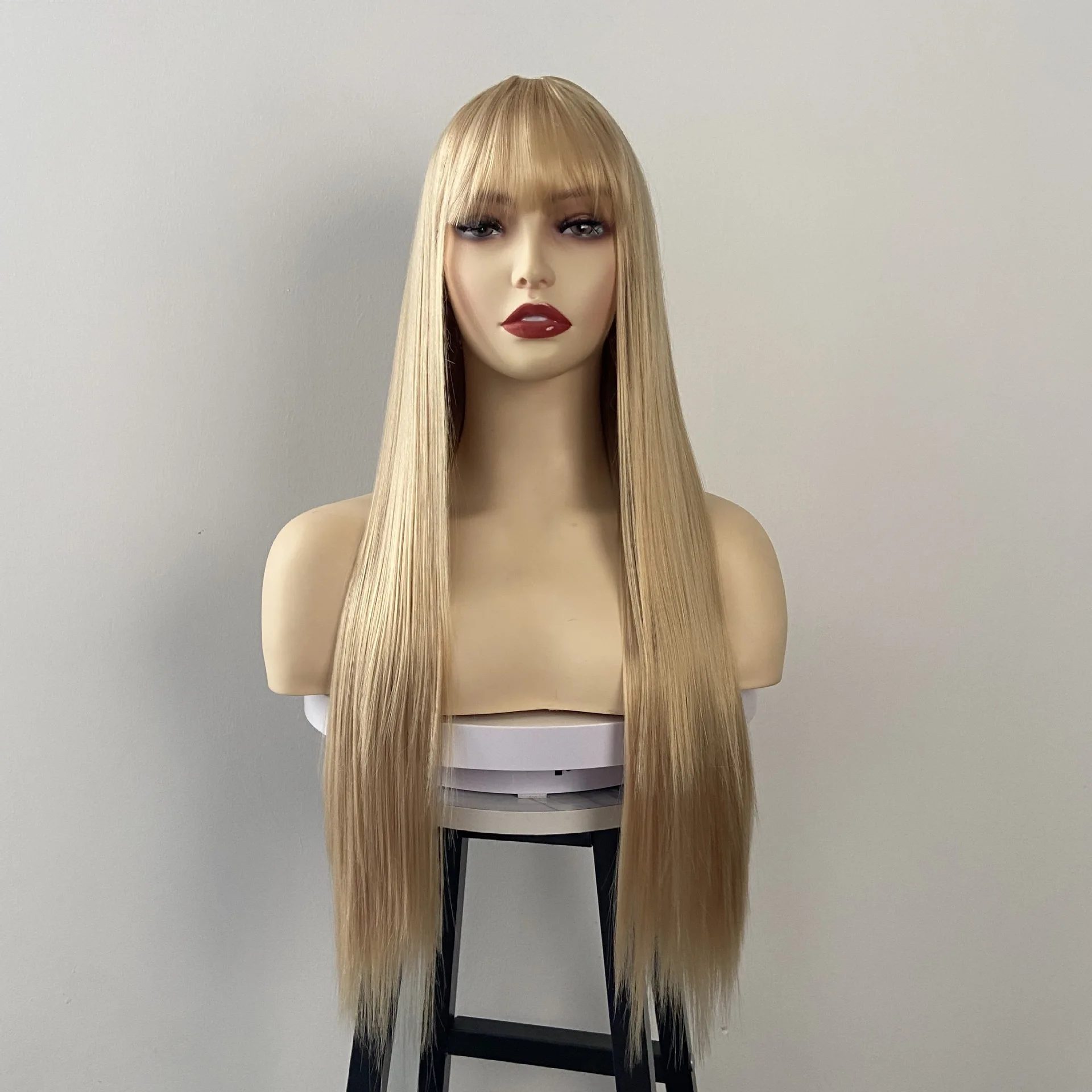 Fashion Synthetic Wig for Women Air Bangs Long Straight Hair Beige White High Temperature Silk Synthetic Fiber Full Head Cover