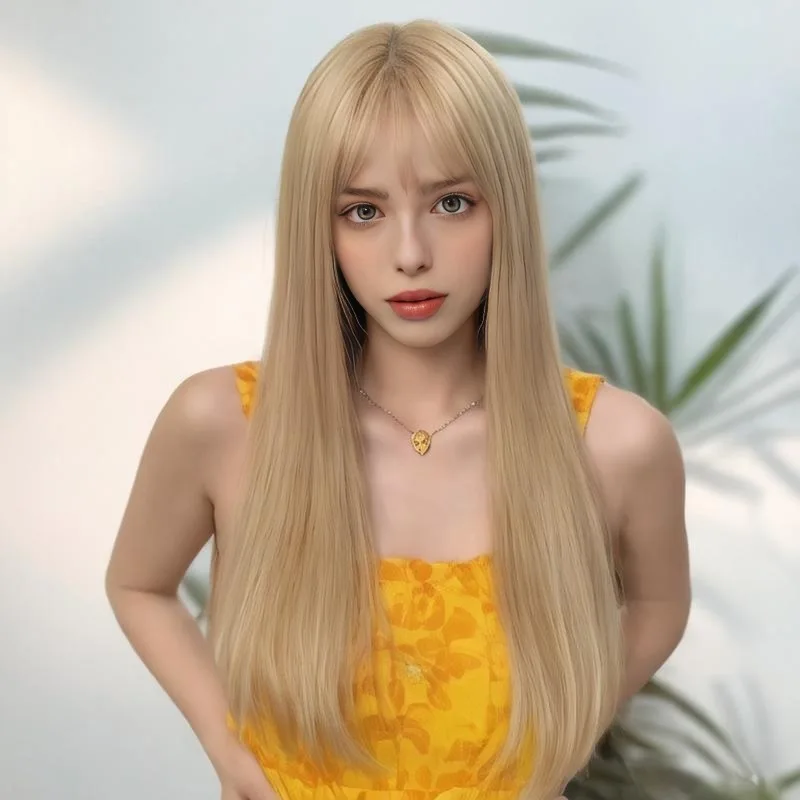 Fashion Synthetic Wig for Women Air Bangs Long Straight Hair Beige White High Temperature Silk Synthetic Fiber Full Head Cover