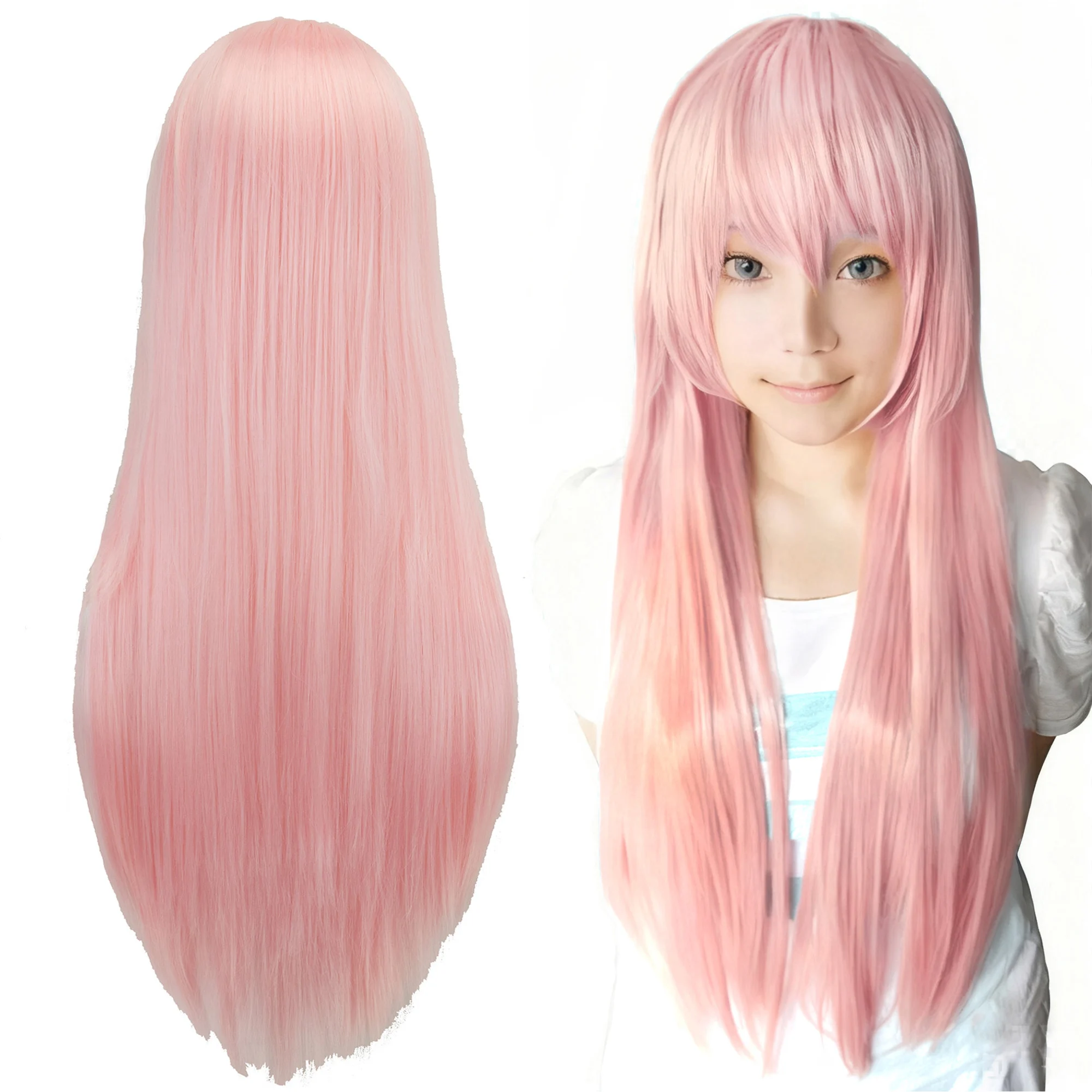 Synthetic Pink Straight Wig with Bangs for Anime Yuno Gasai Cosplay Princess Bubblegum Hair Wigs for Halloween Costume