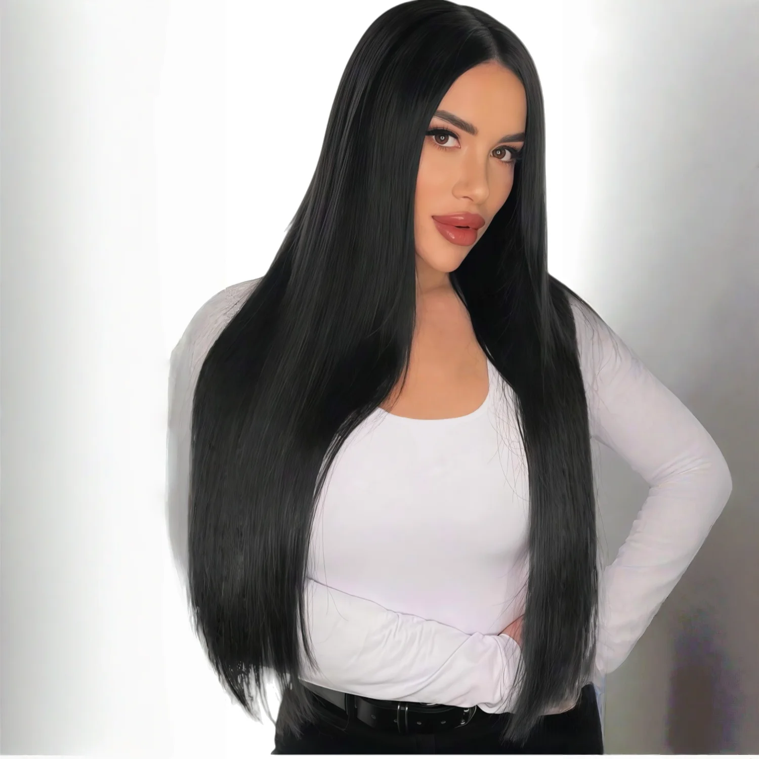 Long Straight Black Wig 32 Inch Heat Resistant Synthetic Wig For Women Cosplay Party Natural Black