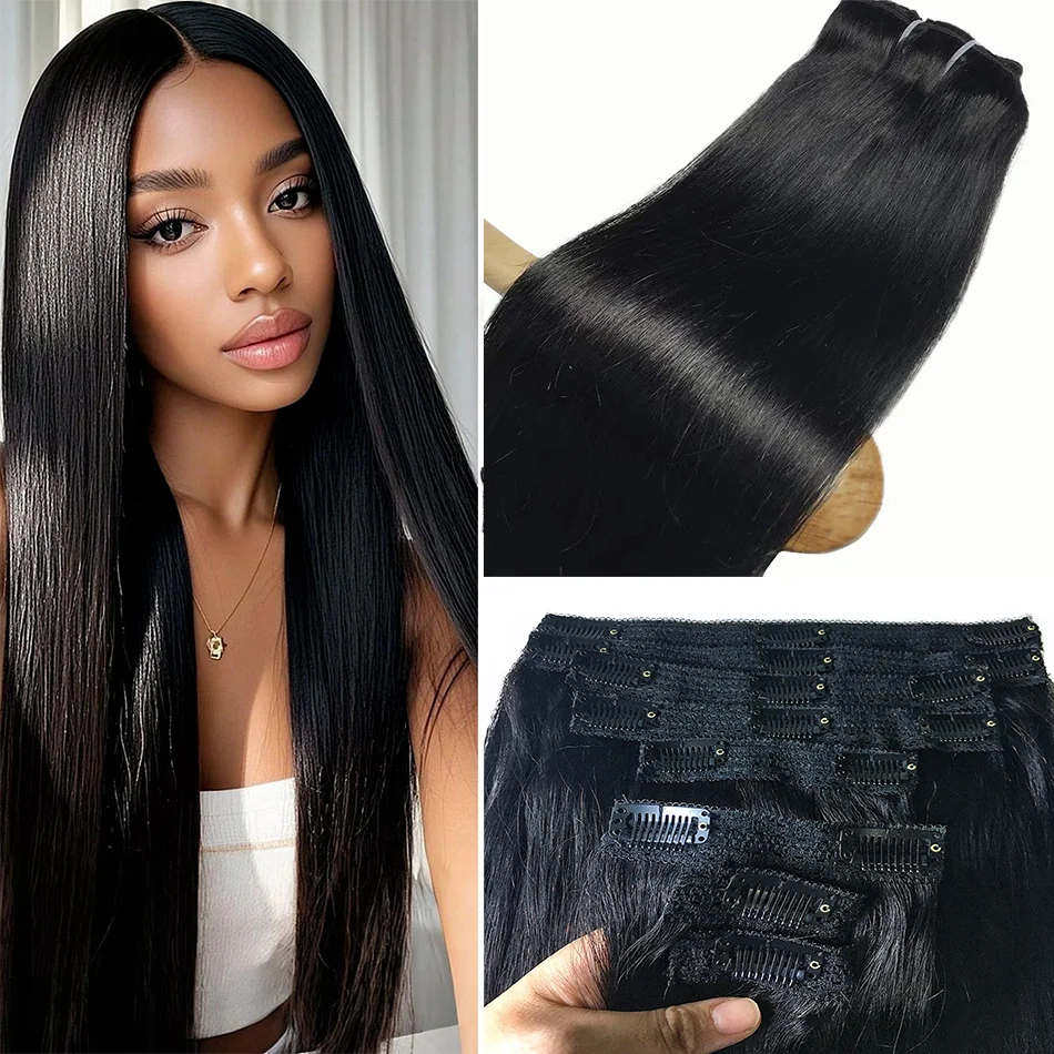 8 Pieces Hair Extensions Clip in Human Hair 18 Clips Full Head Clip on Remy Hair Extension for Women Natural Black Clip Hair