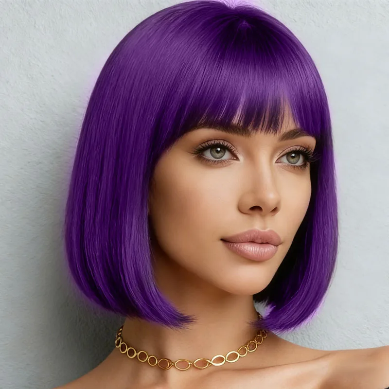 12 inch purple wig with bangs design, made of high-temperature fiber synthetic material, suitable for daily cosplay wear