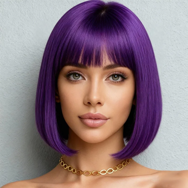 12 inch purple wig with bangs design, made of high-temperature fiber synthetic material, suitable for daily cosplay wear