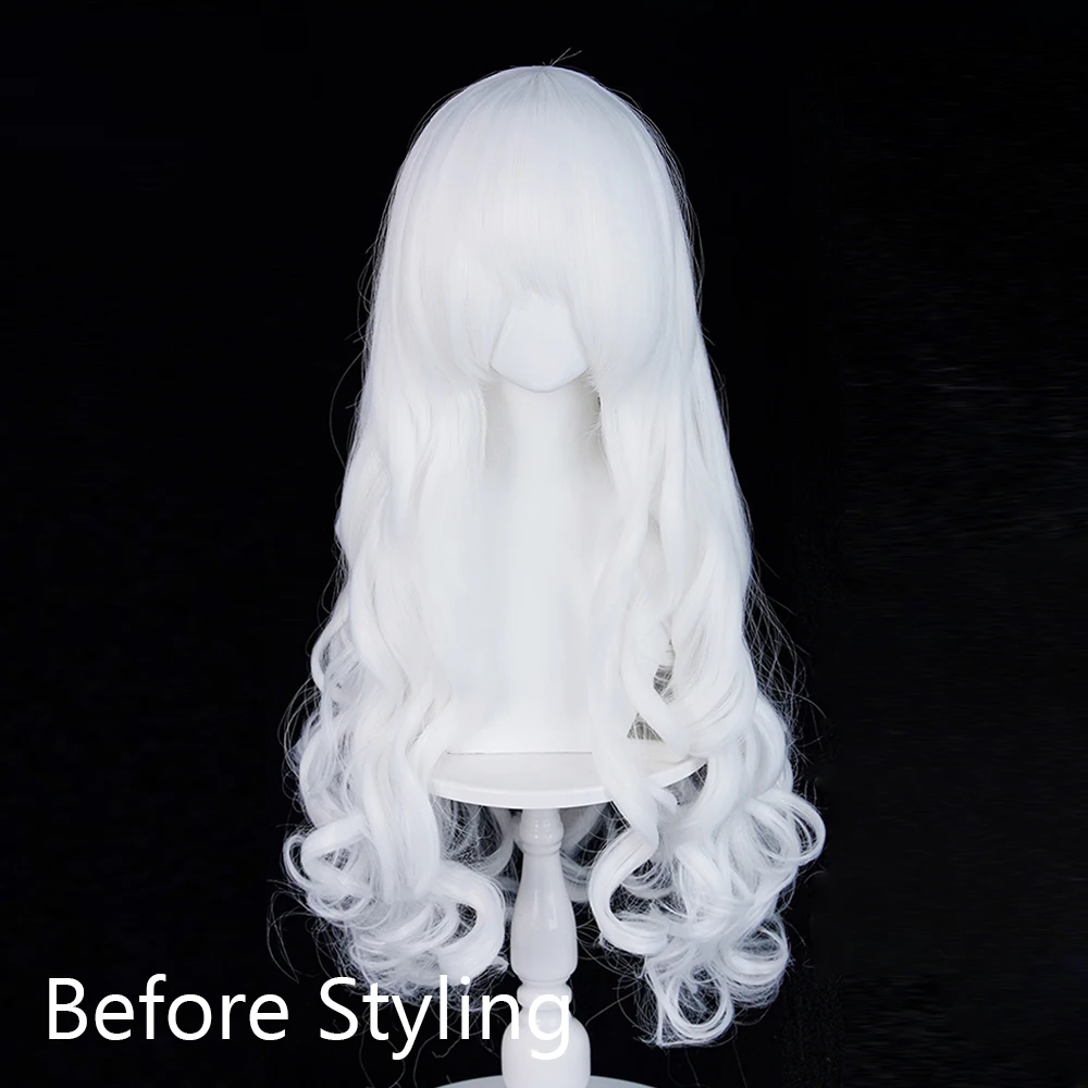 White Long Wavy Anime Game Cosplay Synthetic Wigs with Bangs Fluffy Heat Resistant Wig for Daily Party
