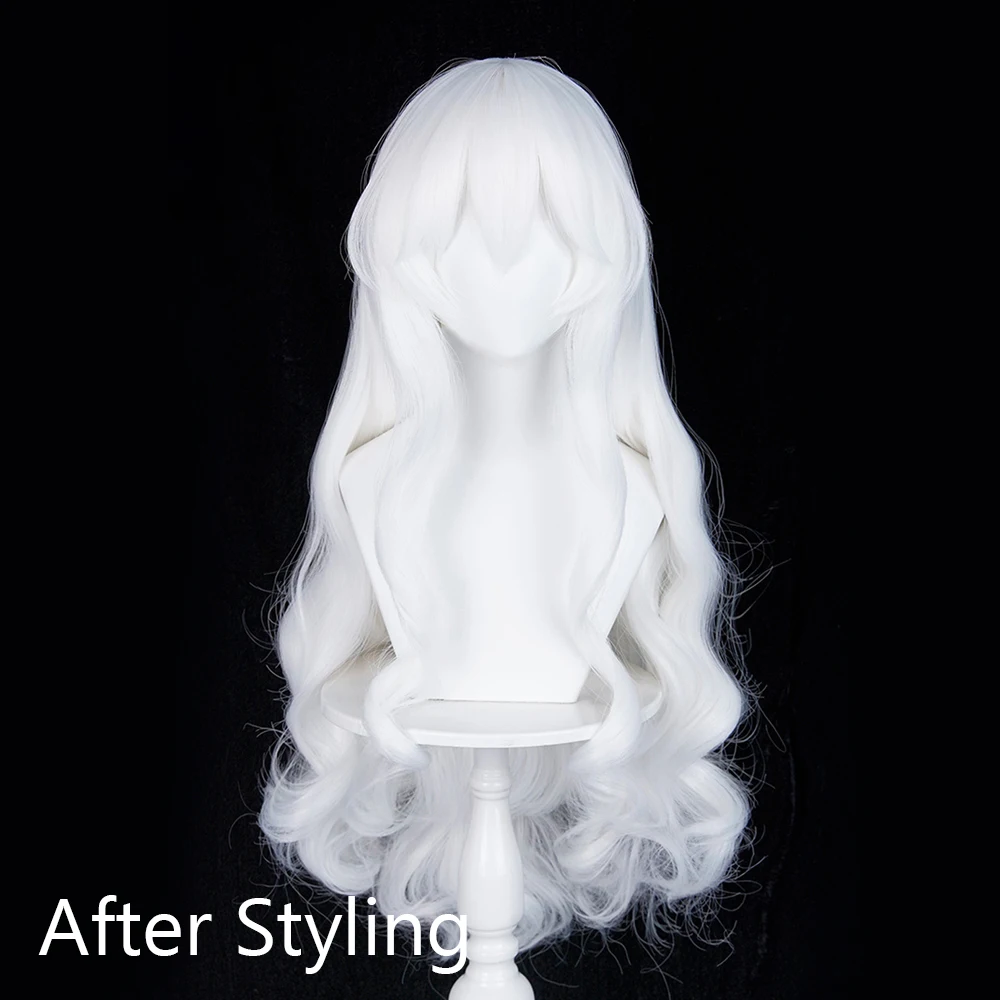 White Long Wavy Anime Game Cosplay Synthetic Wigs with Bangs Fluffy Heat Resistant Wig for Daily Party