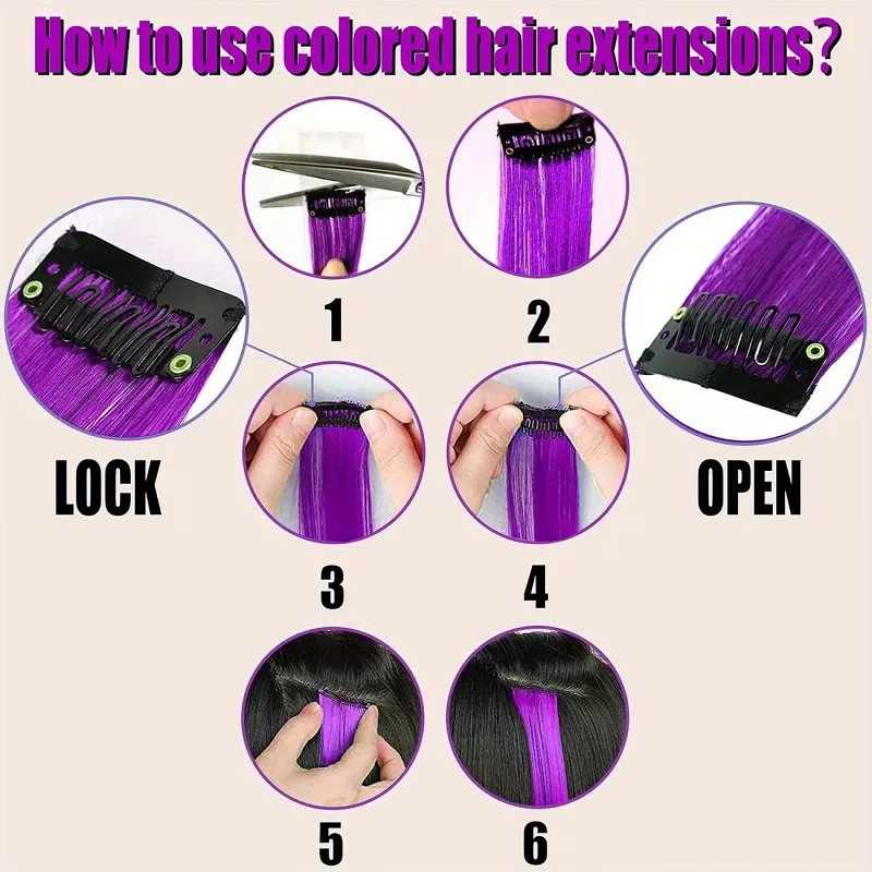 20Inch Synthetic Colorful 5pcs/set Clip Hair Extensions High Temperature Long Straight Hairpieces for Women Daily Party Use