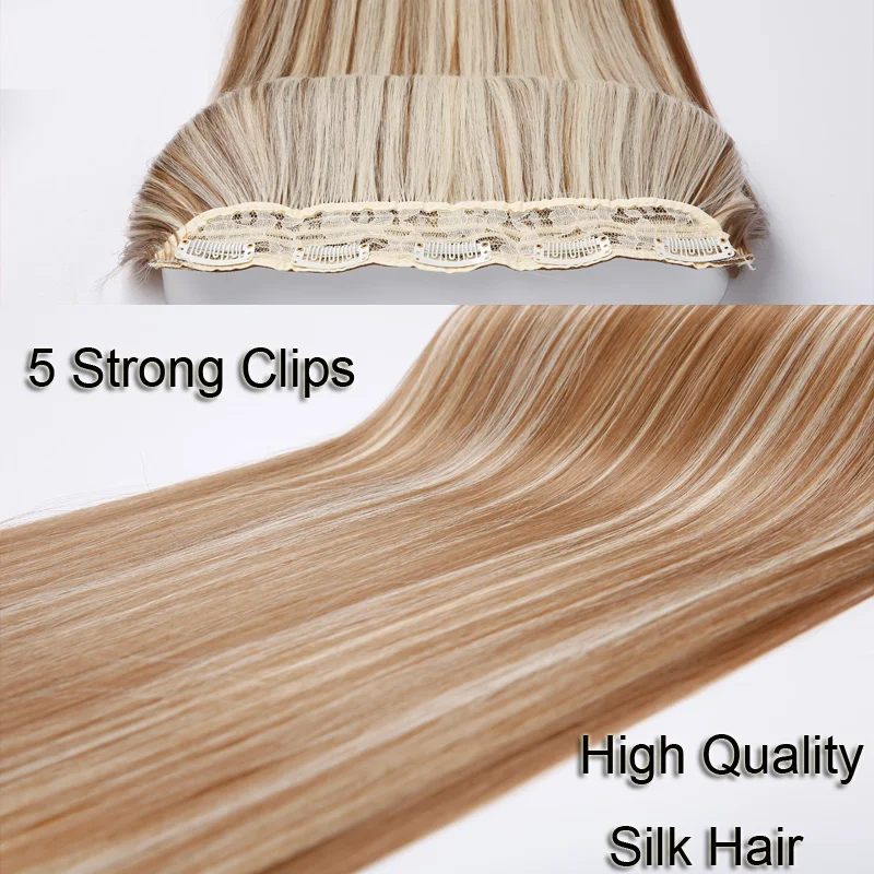 24Inch Synthetic Long Straight 5 Clips One Piece Invisible Hair Extensions Black Brown Hairpiece for Women