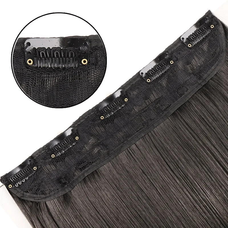 24Inch Synthetic Long Straight 5 Clips One Piece Invisible Hair Extensions Black Brown Hairpiece for Women